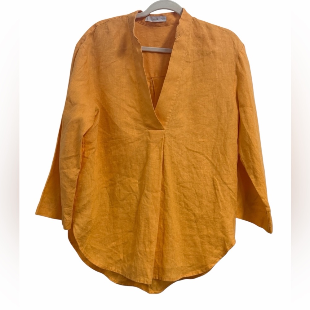 MANGO Linen Popover Shirt V-neck 100% linen in Mandarin Orange size Small - Picture 3 of 7